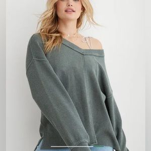 aerie rubbed off the shoulder sweater sage green